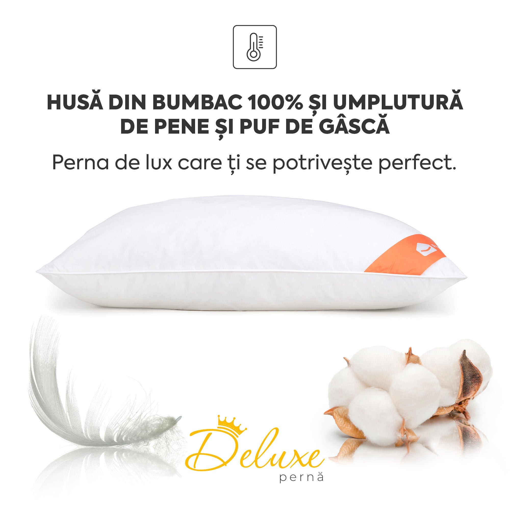 Pernă Deluxe cu pene și puf de gâscă, husă bumbac, 50x70 cm-Pernă-Prestige Home-Prestige Home