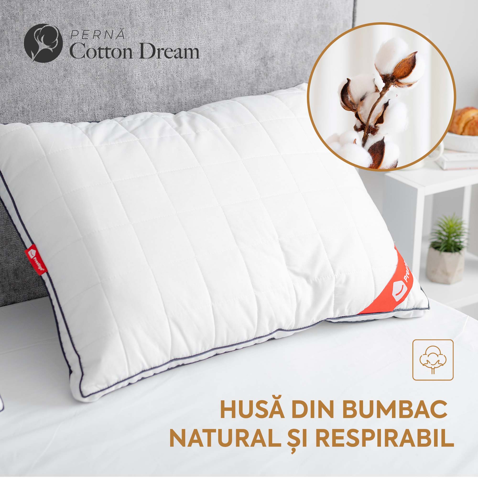 Pernă Cotton Dream cu microfibră, husă bumbac, 50x70 cm-Pernă-Prestige Home-Prestige Home