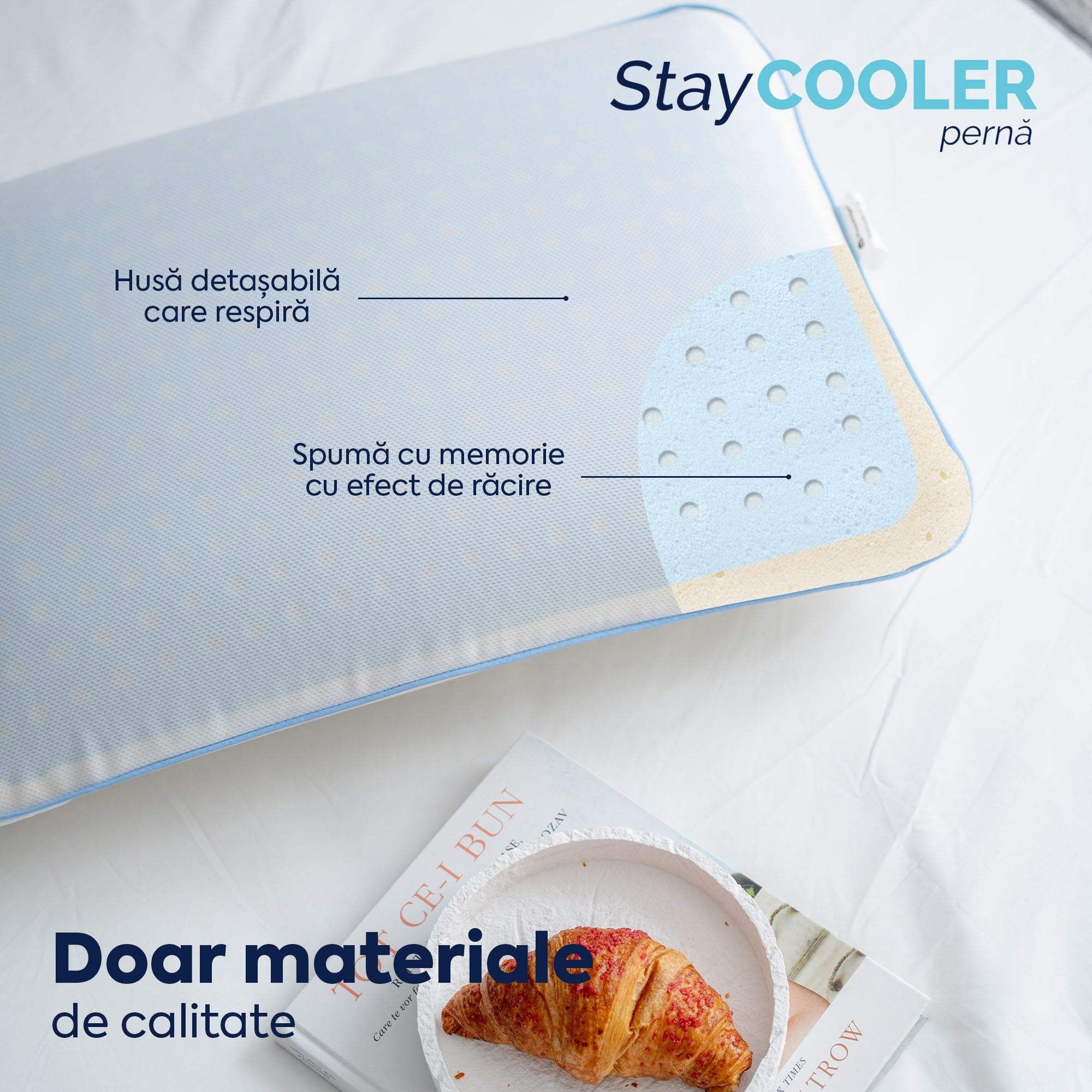 Pernă Stay Cooler, din spumă cu memorie Viscolex cu efect de răcire, husă detașabilă cu efect de ventilație al aerului, 60x40x15 cm - Prestige Home