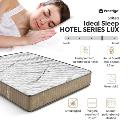 Saltea Ideal Sleep HOTEL SERIES LUX, superortopedică, cu spumă poliuretanică și arcuri, husă cu aerisire optimă, Grosime 25 cm - Prestige Home