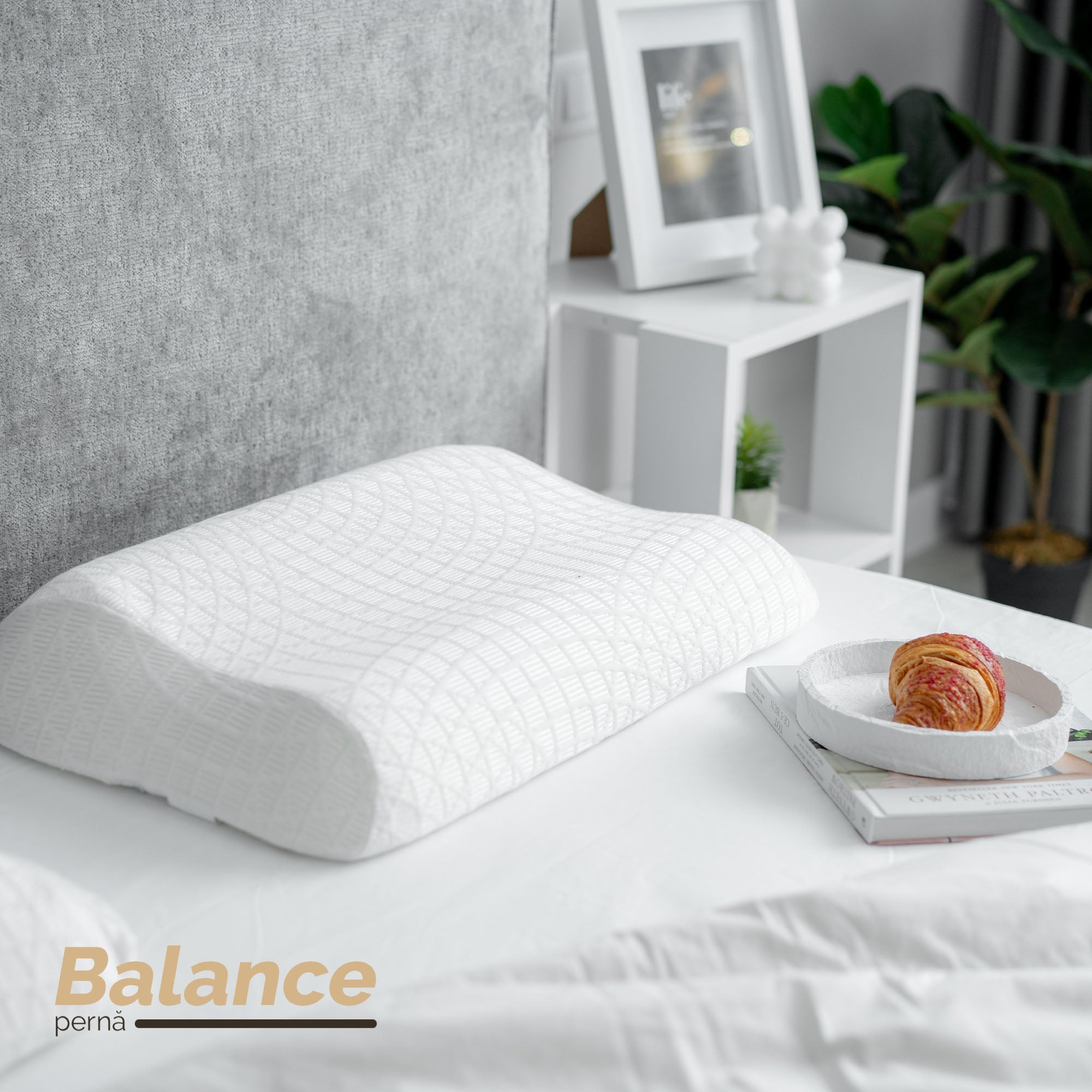 Pernă anatomică Balance, din spumă cu memorie Viscolex și husă detașabilă cu sistem de ventilație al aerului, 60x38x10 cm - Prestige Home
