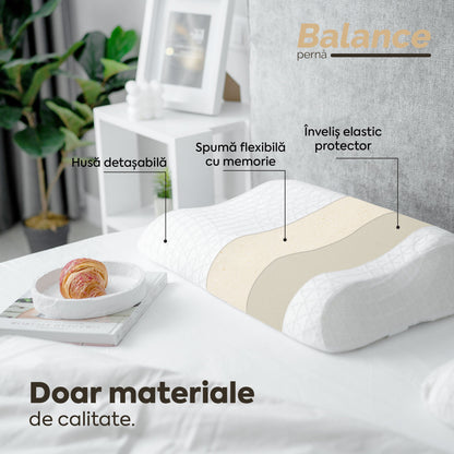 Pernă anatomică Balance, din spumă cu memorie Viscolex și husă detașabilă cu sistem de ventilație al aerului, 60x38x10 cm - Prestige Home
